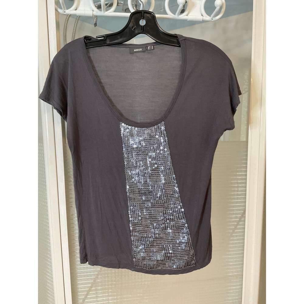 Mexx Sequin Top Womens Medium Gray Excellent Scoop Neck Short Sleeve Sparkle
